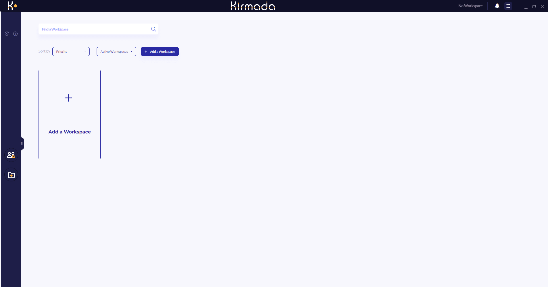 The Home Screen, unpopulated (i.e. no Workspaces created yet), screenshot, without bezel