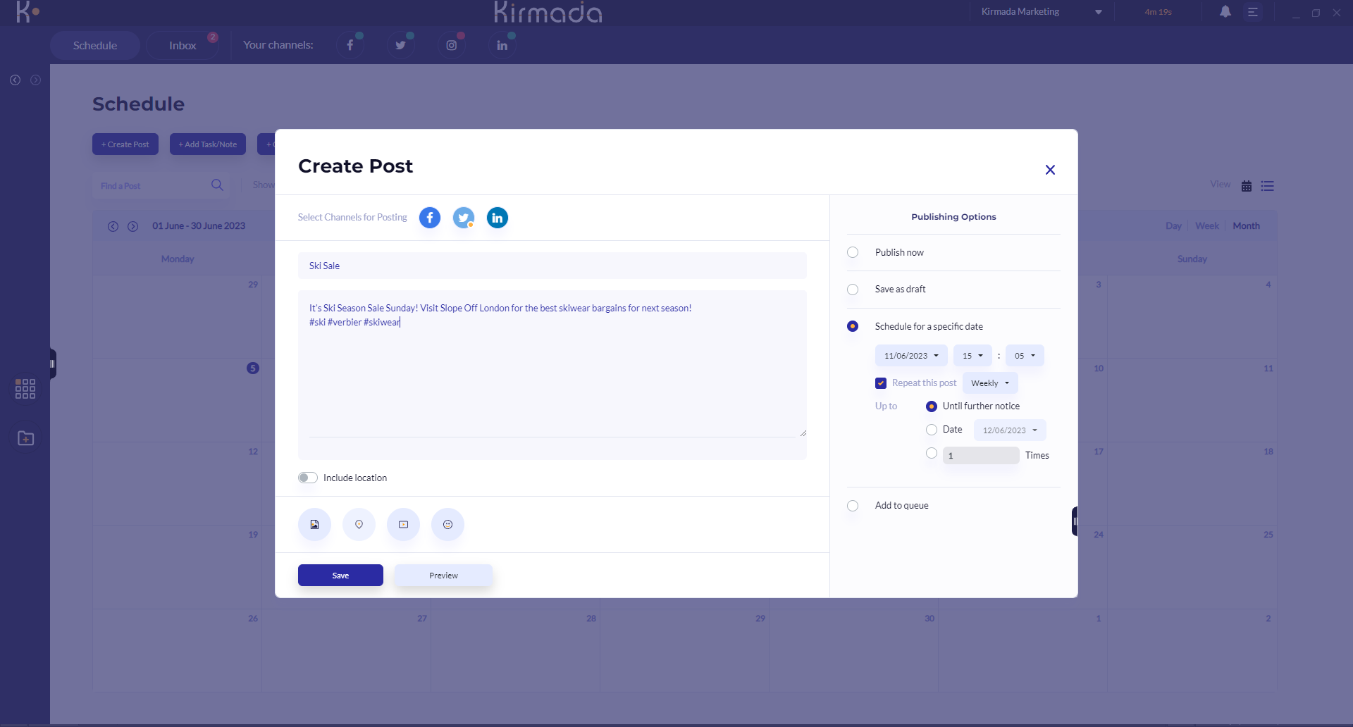 The Social Media Post Editor, without preview, showing the scheduling options, screenshot, without bezel