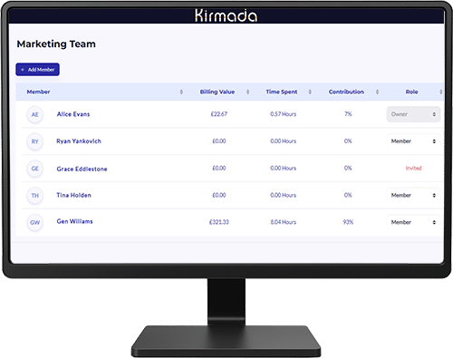 The Teams screen gives you an instant overview of each person's billable contributions to the team