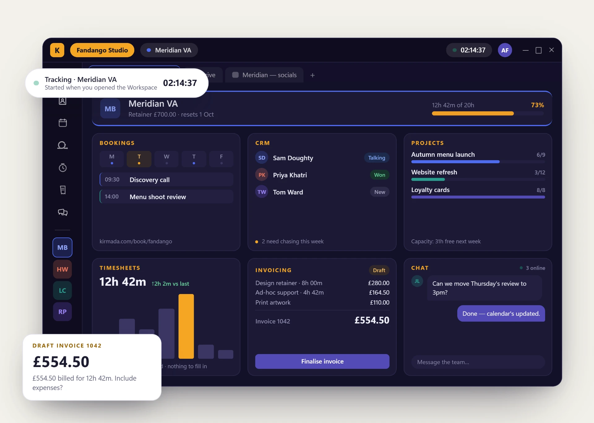 The Kirmada Workspace: bookings, CRM, projects, timesheets, invoicing and chat in one window
