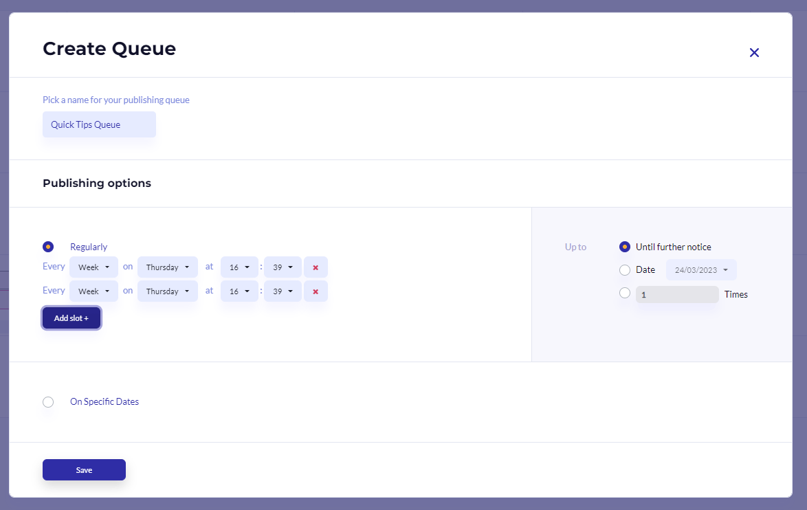 Create Queue screen