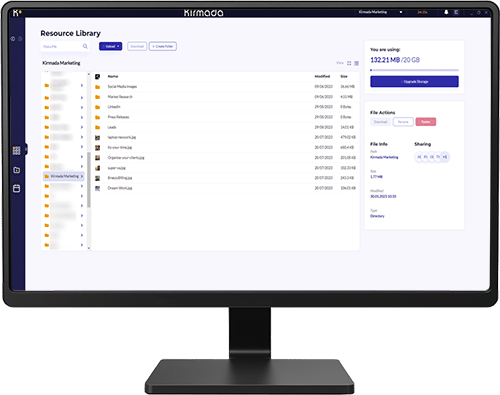 Kirmada's cloud storage screen, the Resource Centre