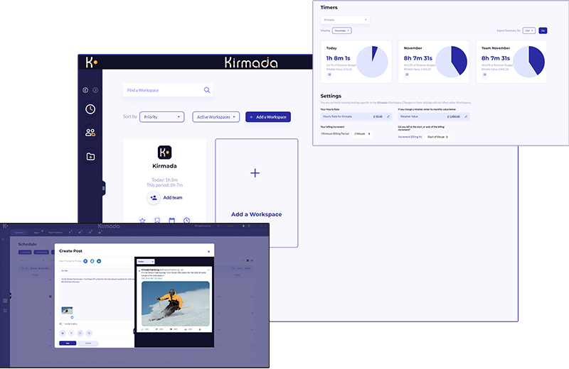 Kirmada's Workspaces, Timesheets and Social Media Planner