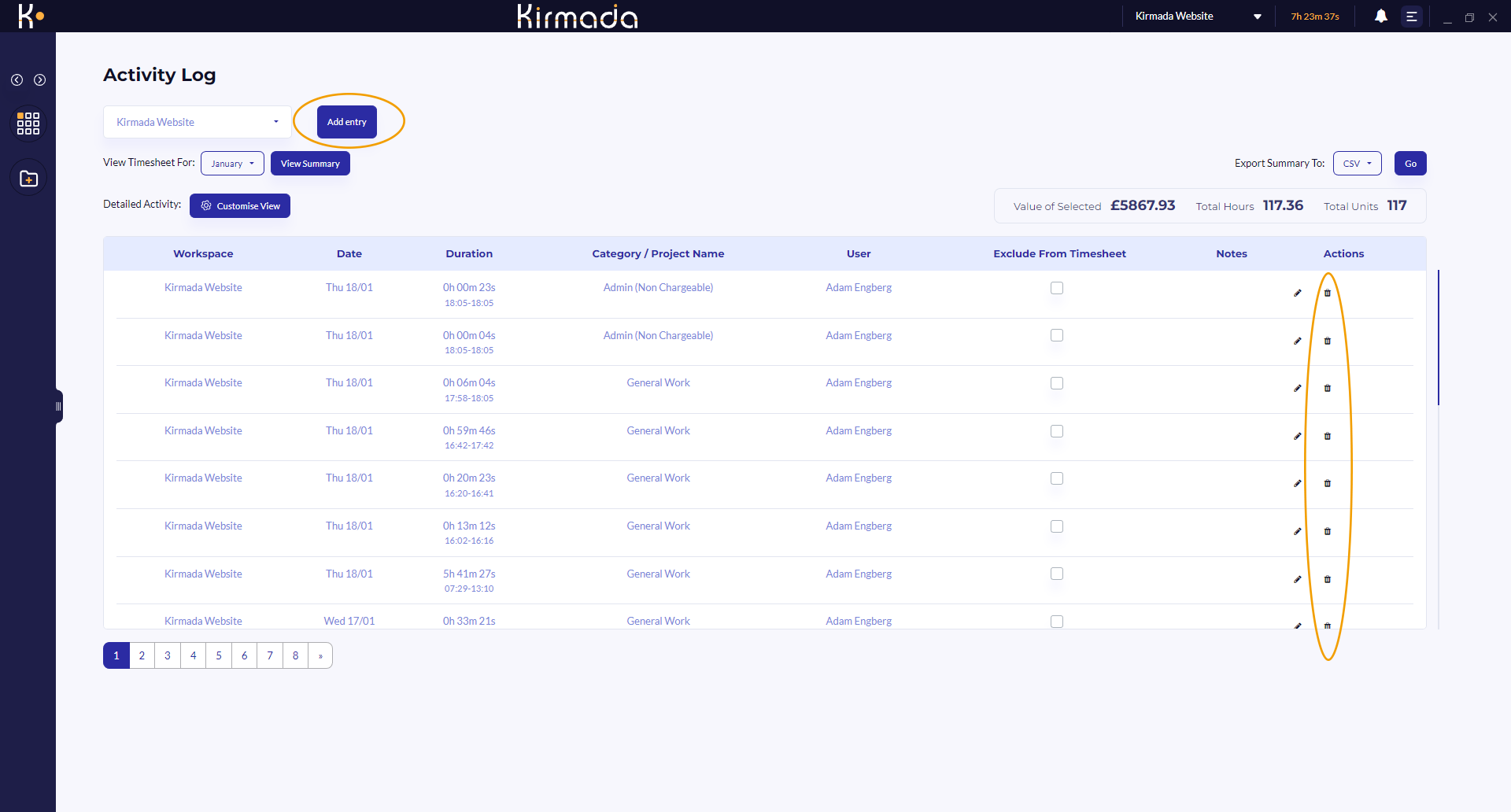 A screenshot of the timesheet screen, showing how to modify its entries.