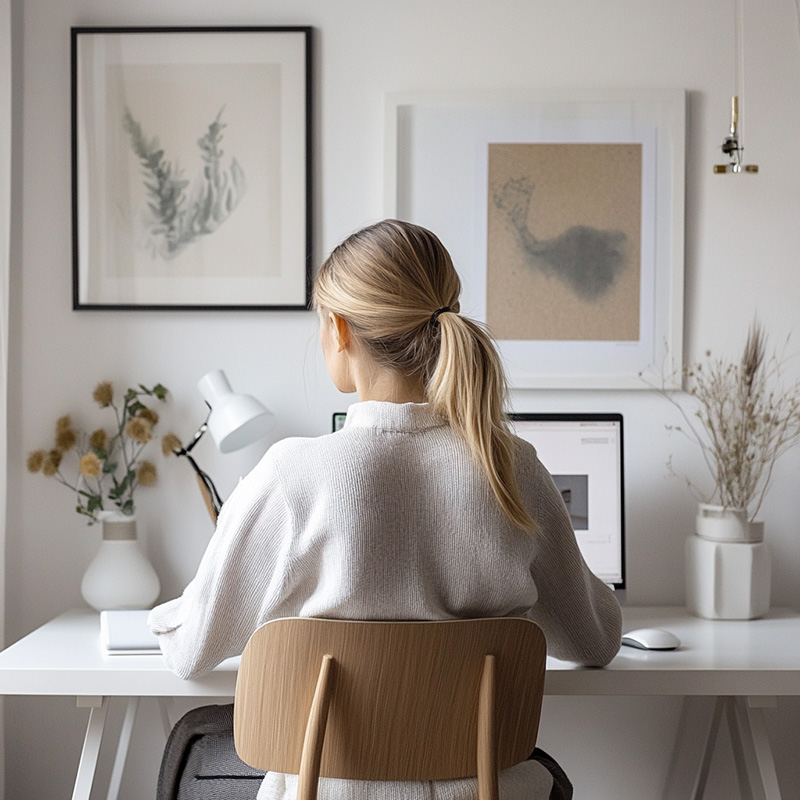 A self-employed VA sits in a light and airy home office with her back to us.